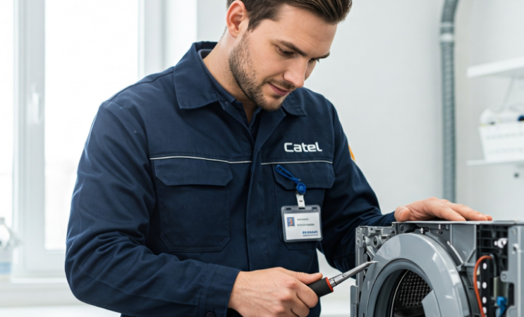 Um técnico da Catel, vestindo uniforme azul e crachá de identificação, repara uma máquina de lavar em uma lavanderia moderna. Ferramentas e peças originais estão organizadas ao lado, e o técnico exibe concentração e profissionalismo